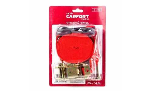 Стяжка для груза Carfort, строп лента, с храповым механизмом, крюки, нагрузка до 1т, размер 25мм x 4.5м, арт. CF-2501