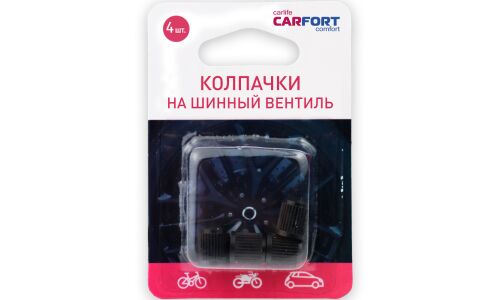 Колпачки на шинный вентиль Carfort, пластиковые, чёрные, комплект 4 шт, арт. VC-0110