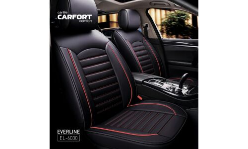 Чехлы-накидки CARFORT EVERLINE для передних сидений и заднего дивана, экокожа, черный с красной прострочкой, 9 предметов