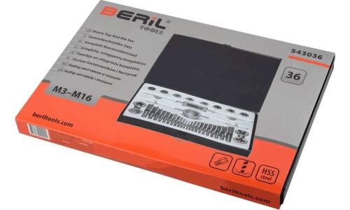 Набор метчиков и плашек Beril, М3–М16, метчико- и плашеодержатель, адаптер для плашек, в футляре, комплект 36 предметов, арт. 13991