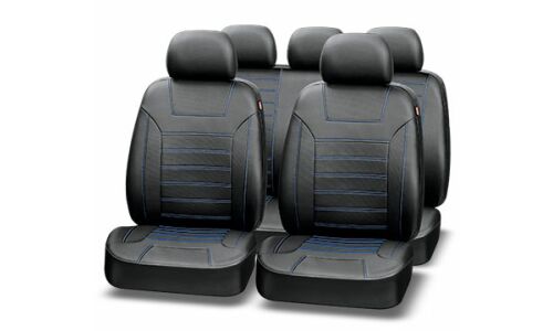 Чехлы AUTOPREMIER Platinum VIP для передних и задних сидений, экокожа, черный цвет с синей прострочкой, 11 предметов