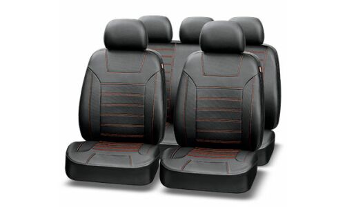 Чехлы AUTOPREMIER Platinum VIP для передних и задних сидений, экокожа, черный цвет с красной прострочкой, 11 предметов
