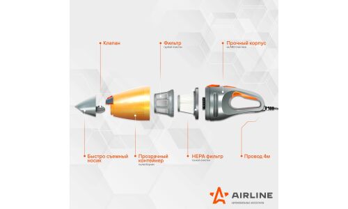 Пылесос автомобильный Airline CYCLONE TURBO, 12В, 150Вт, 6000Па, пылесборник 500мл, шнур 4м, 4 насадки, гибкий шланг, сумка, арт. VCA-03