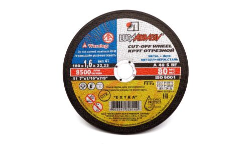 Круг отрезной Luga Abrasiv Extra Cut-Off Wheel, для металла и нержавеющей стали, (41, 180x1.6x22.23мм, A, 40, S, BF, 80м/с), 8500об/мин, арт. 73661