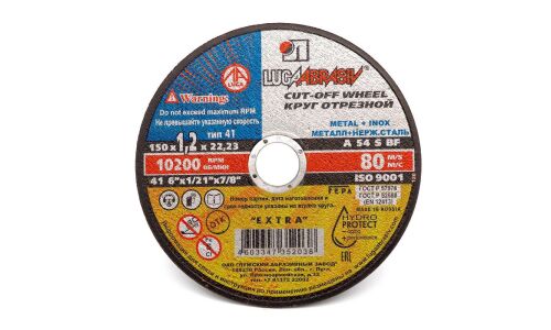 Круг отрезной Luga Abrasiv Extra Cut-Off Wheel, для металла и нержавеющей стали, (41, 150x1.2x22.23мм, A, 54, S, BF, 80м/с), 10200об/мин, арт. 73665