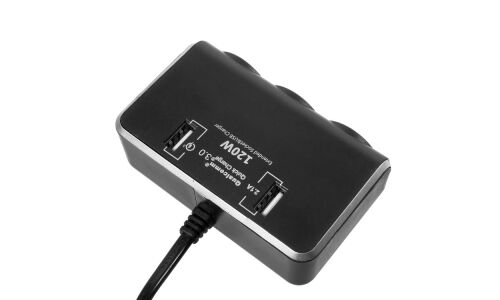 Разветвитель прикуривателя Olesson 12/24В, 3 гнезда, 2xUSB (2.1А + 2.1А), 2.1А, 120Вт, кабель 60см, черный, быстрая зарядка Quick Charge 3.0, арт. 1639