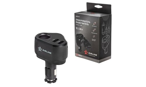 Разветвитель прикуривателя Airline Pro 12/24В, 1 гнездо, 2xUSB (5В, 2.4А + 5В, 2.4А), 120Вт, черный, с предохранителем, арт. AEBD070