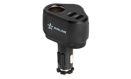 Разветвитель прикуривателя Airline Pro 12/24В, 1 гнездо, 2xUSB (5В, 2.4А + 5В, 2.4А), 120Вт, черный, с предохранителем, арт. AEBD070