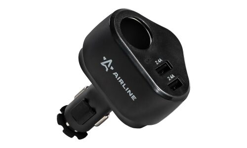 Разветвитель прикуривателя Airline Pro 12/24В, 1 гнездо, 2xUSB (5В, 2.4А + 5В, 2.4А), 120Вт, черный, с предохранителем, арт. AEBD070