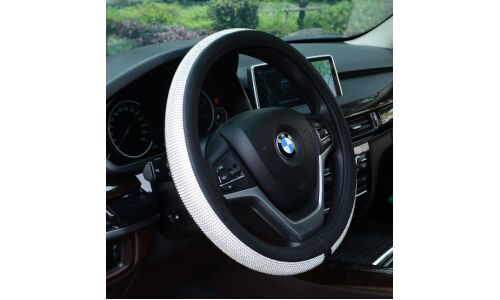 Оплетка на руль Carfort Iris 11 с белыми кристаллами, кожа, черный цвет, размер M (37-39см)