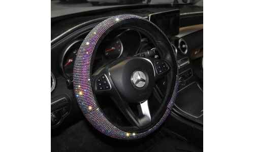 Оплетка на руль Carfort Iris 16 с цветными зеркальными кристаллами, экокожа, черный цвет, размер M (37-39см)