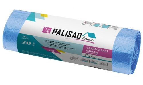 Пакеты для мусора Palisad, с завязками, ПНД, 60л, синие, рулон 20шт, арт. 927205