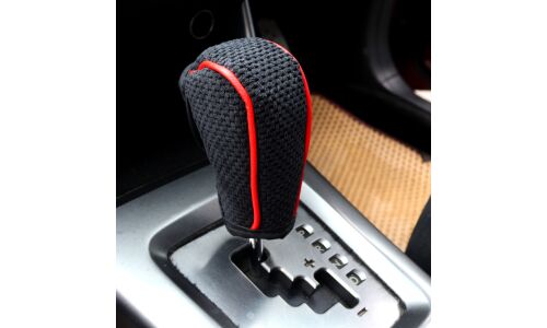 Чехол на ручку КПП, красная кожаная окантовка, вставки из чёрного флиса