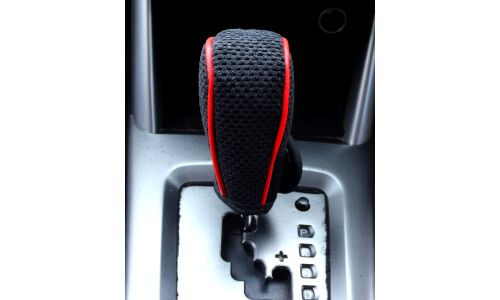 Чехол на ручку КПП, красная кожаная окантовка, вставки из чёрного флиса