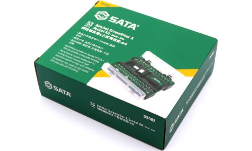 Отвёртка со сменными вставками (битами) SATA, длина стержня 130мм, посадочный размер HEX1/4" и HEX4мм, наконечники SL/PH/TORX/Star/HEX/SCR, 53 предмета, с храповой рукояткой, арт. 05492