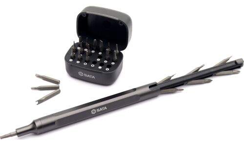Отвёртка со сменными вставками (битами) SATA Pen, длина стержня 158мм, посадочный размер HEX4мм, наконечники SL/PH/Torx/TR/HEX/Star/TP/TA/Spanner, 25 предметов, арт. 05108