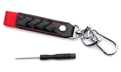 Брелок на ключи карабин с кожаным ремешком и красной ткан вставкой (с отверткой в комплекте)