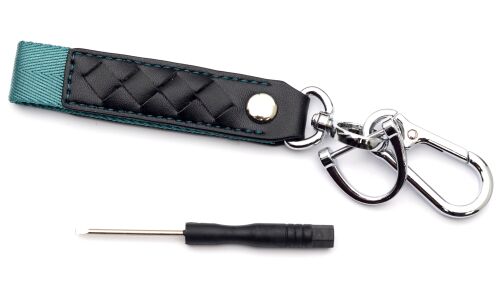 Брелок на ключи карабин с кожаным ремешком и зеленой ткан вставкой (с отверткой в комплекте)