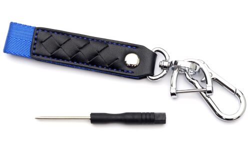 Брелок на ключи карабин с кожаным ремешком и синей ткан вставкой (с отверткой в комплекте)
