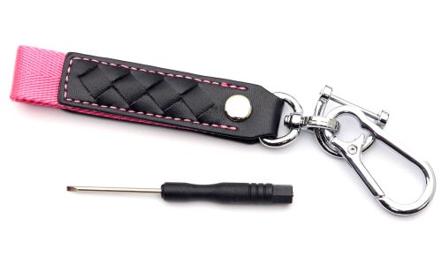 Брелок на ключи карабин с кожаным ремешком и розовой ткан вставкой (с отверткой в комплекте)