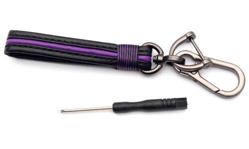 Брелок на ключи с кожаным, черно-фиолетовым ремешком (с отверткой в комплекте)