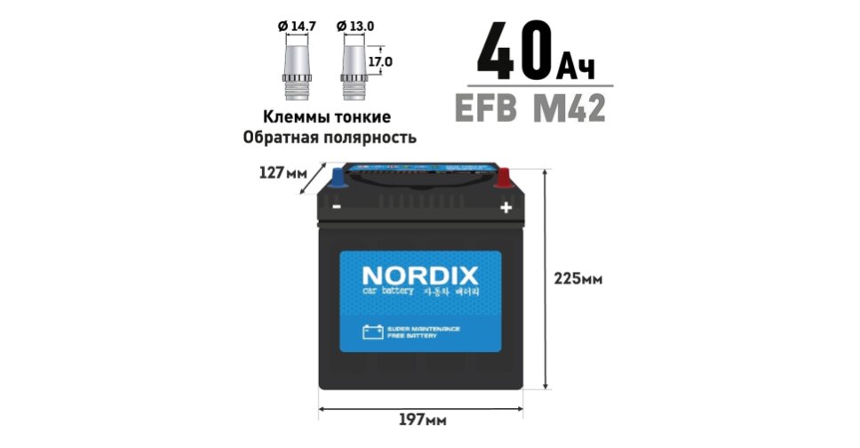 Аккумулятор Nordix M-42/60B20L, 40Ач, CCA 400А, необслуживаемый ...
