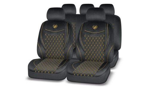 Чехлы Autopremier Elegant, для переднего и заднего ряда, алькантара, черный/золотой цвет, 11 предметов, арт. ELG1030