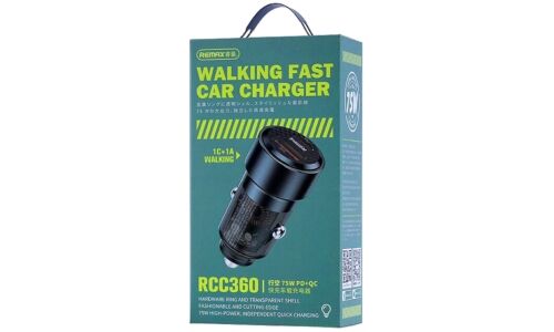 Зарядное устройство в прикуриватель Remax Walking Fast Car Charger, 12/24В, 1xUSB (5В/3А–12В/2.5А), 1xUSB Type-C (5В/3А–20В/2.25А), 75Вт, с функциями Power Delivery и Quick Charge, арт. RCC360