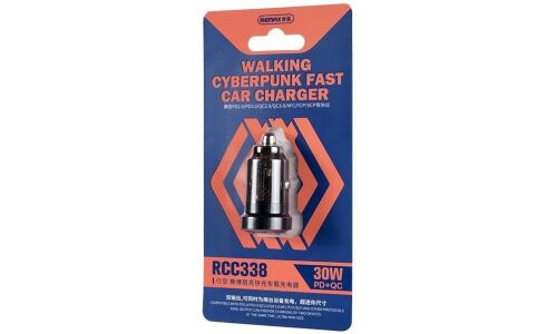 Зарядное устройство в прикуриватель Remax Walking Cyberpunk Fast Car Charger, 12/24В, 1xUSB (4.5В/5А–12В/1.5А), 1xUSB Type-C (5В/3А–12В/2.5А), 30Вт, с функциями Power Delivery и Quick Charge, арт. RCC338