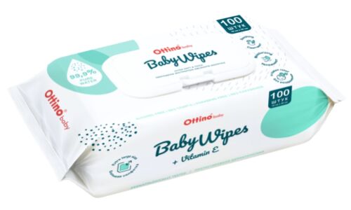 Салфетки влажные Ottino Baby Wipes, детские, с витамином E, пакет с клапаном 100 шт