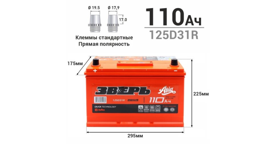 ЗВЕРЬ (АКБ) / Аккумулятор Зверь ASIA 125D31R (6СТ-110VL / ZVA 110-3-L ...