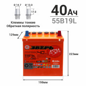 Аккумулятор Зверь ASIA 55B19L (6СТ-40LУ(R) / ZVA 40-3-R), 40Ач, ССА 450А, необслуживаемый Аккумулятор Зверь ASIA 55B19L (6СТ-40LУ(R) / ZVA 40-3-R), 40Ач, ССА 450А, необслуживаемый
