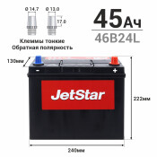 Аккумулятор JetStar 46B24L, 45Ач, ССА 410А, необслуживаемый Аккумулятор JetStar 46B24L, 45Ач, ССА 410А, необслуживаемый