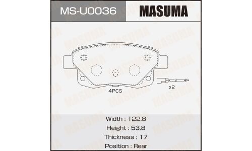 Колодки тормозные дисковые Masuma, задние, комплект на ось (4 шт), арт. MS-U0036