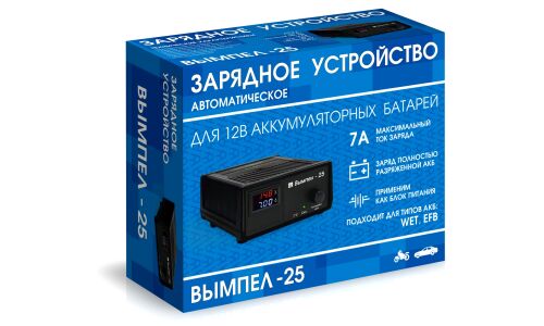 Устройство зарядное Вымпел-25, автоматический режим, с функцией блока питания и вольтметра, 12В, ток заряда 0.9-7А, до 150Ач, для WET, EFB