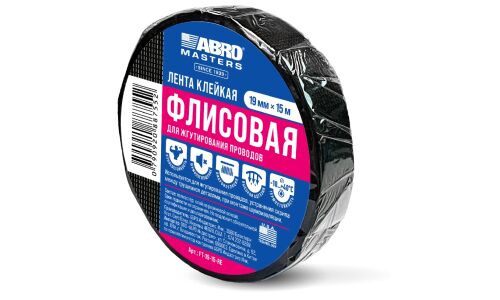 Лента клейкая (скотч) ABRO, флисовая, 19мм x 15м, черная, арт. FT-19-15-RE