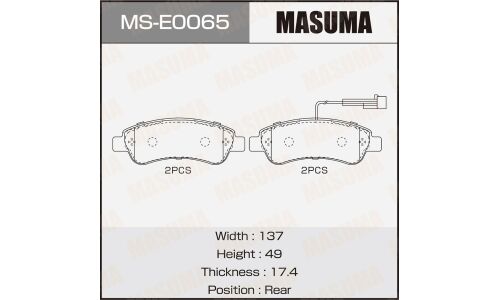 Колодки тормозные дисковые Masuma, задние, комплект на ось (4 шт), арт. MS-E0065