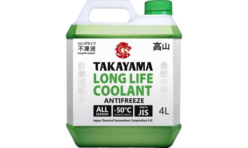 Антифриз Takayama Long Life Coolant Green, P-OAT, LLC, зелёный, флуоресцентный, -50°C, 4л, арт. 700504