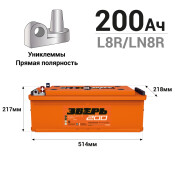 Аккумулятор Зверь ТТ L8R (6СТ-200LУ/200-3-L-У), 200Ач, ССА 1350А, обслуживаемый, униклемы Аккумулятор Зверь ТТ L8R (6СТ-200LУ/200-3-L-У), 200Ач, ССА 1350А, обслуживаемый, униклемы