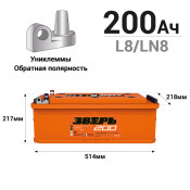 Аккумулятор Зверь ТТ L8 (6СТ-200LУ(R)/200-3-R-У), 200Ач, ССА 1350А, обслуживаемый, униклемы Аккумулятор Зверь ТТ L8 (6СТ-200LУ(R)/200-3-R-У), 200Ач, ССА 1350А, обслуживаемый, униклемы