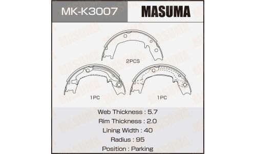 Колодки тормозные барабанные Masuma стояночного тормоза, комплект на ось (4 шт), арт. MK-K3007