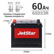 Аккумулятор JetStar 65D23R, 60Ач, ССА 550А, необслуживаемый Аккумулятор JetStar 65D23R, 60Ач, ССА 550А, необслуживаемый