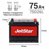 Аккумулятор JetStar 75D26L, 75Ач, ССА 500А, необслуживаемый Аккумулятор JetStar 75D26L, 75Ач, ССА 500А, необслуживаемый