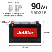 Аккумулятор JetStar 95D31R, 90Ач, ССА 650А, необслуживаемый Аккумулятор JetStar 95D31R, 90Ач, ССА 650А, необслуживаемый