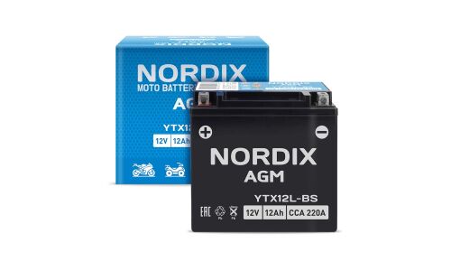 Аккумулятор для мото Nordix AGM YTX12L-BS, 12Ач, CCA 220, необслуживаемый