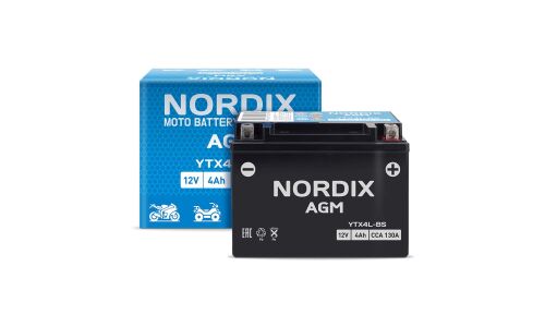 Аккумулятор для мото Nordix AGM YTX4L-BS, 4Ач, CCA 130A, необслуживаемый