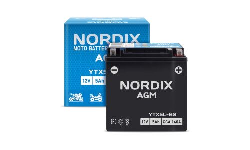 Аккумулятор для мото Nordix AGM YTX5L-BS, 5Ач, CCA 140, необслуживаемый