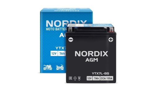 Аккумулятор для мото Nordix AGM YTX7L-BS, 7Ач, CCA 140, необслуживаемый