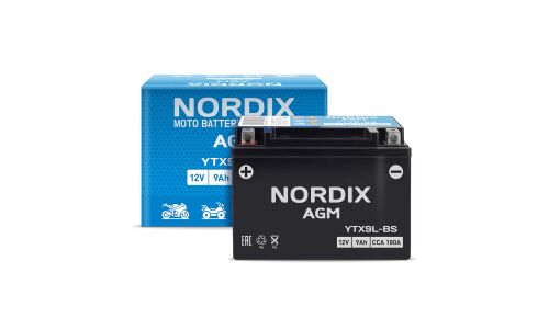 Аккумулятор для мото Nordix AGM YTX9L-BS, 9Ач, CCA 180, необслуживаемый