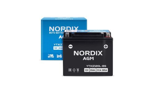 Аккумулятор для мото Nordix AGM YTX(Z)20L-BS, 20Ач, CCA 285, необслуживаемый